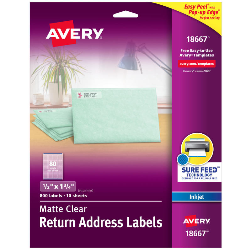 Avery Matte Return Address Labels With Sure Feed Technology, 18667, Rectangle, 1/2in x 1-3/4in, Clear, Pack Of 800 (Min Order Qty 6) MPN:18667