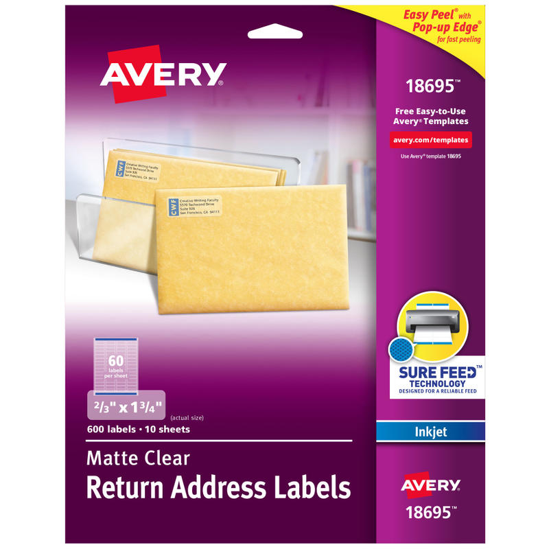 Avery Matte Return Address Labels With Sure Feed Technology, 18695, Rectangle, 2/3in x 1-3/4in, Clear, Pack Of 600 (Min Order Qty 6) MPN:18695