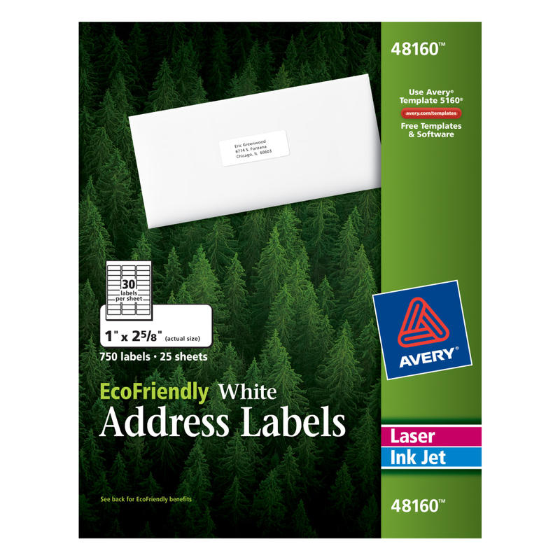 Avery EcoFriendly Address Labels, 48160, Rectangle, 1in x 2-5/8in, White, Pack Of 750 Labels (Min Order Qty 4) MPN:48160