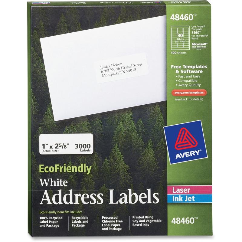 Avery EcoFriendly Address Labels, 48460, Rectangle, 1in x 2-5/8in, White, Pack Of 3,000 (Min Order Qty 2) MPN:48460