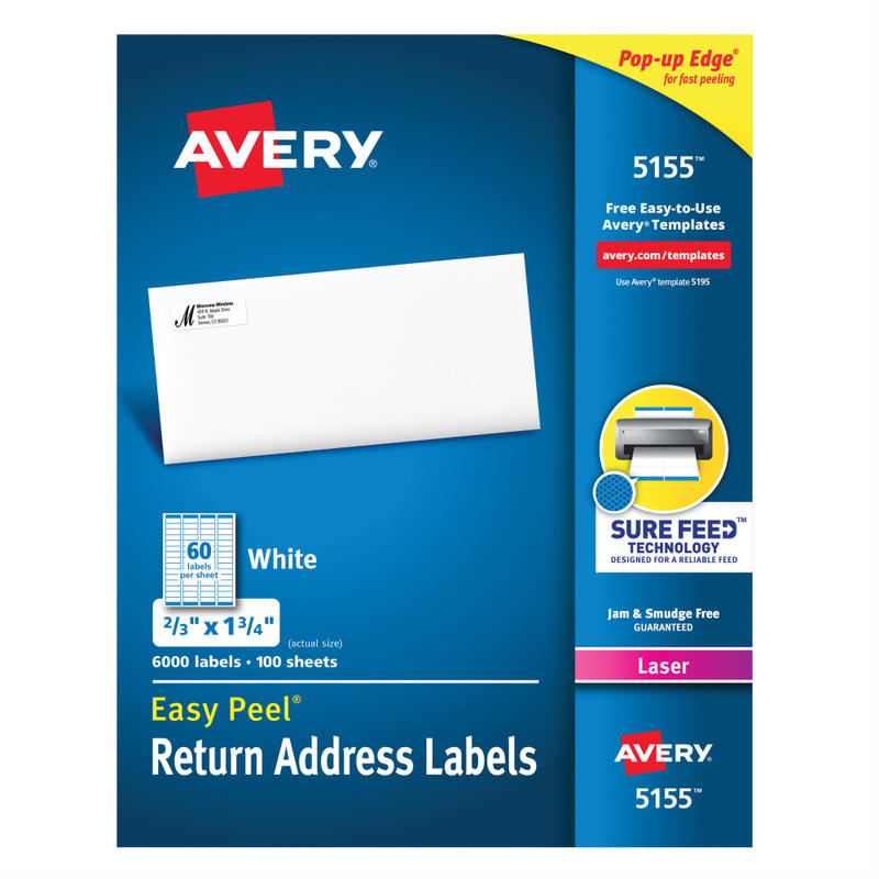 Avery Easy Peel Return Address Labels With Sure Feed Technology, 5155, Rectangle, 2/3in x 1-3/4in, White, Pack Of 6,000 (Min Order Qty 2) MPN:5155