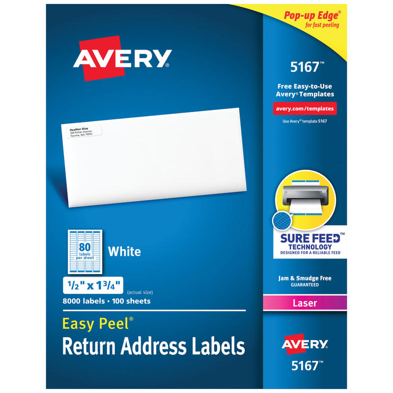 Avery Easy Peel Return Address Labels With Sure Feed Technology, 5167, Rectangle, 1/2in x 1 3/4in, White, Box Of 8,000 (Min Order Qty 2) MPN:5167