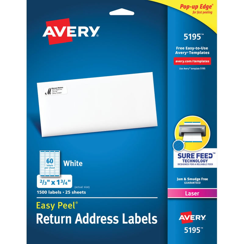 Avery Easy Peel Return Address Labels With Sure Feed Technology, 5195, Rectangle, 2/3in x 1-3/4in, White, Pack Of 1,500 (Min Order Qty 6) MPN:5195