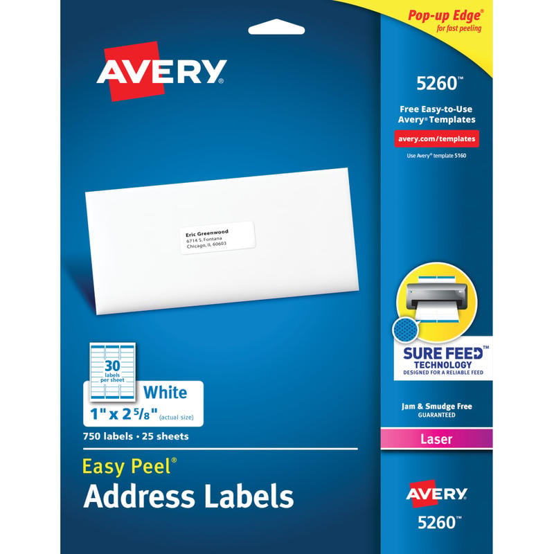 Avery Easy Peel Permanent Laser Address Labels, 1in x 2 5/8in, FSC Certified, White, Pack Of 750 (Min Order Qty 6) MPN:5260