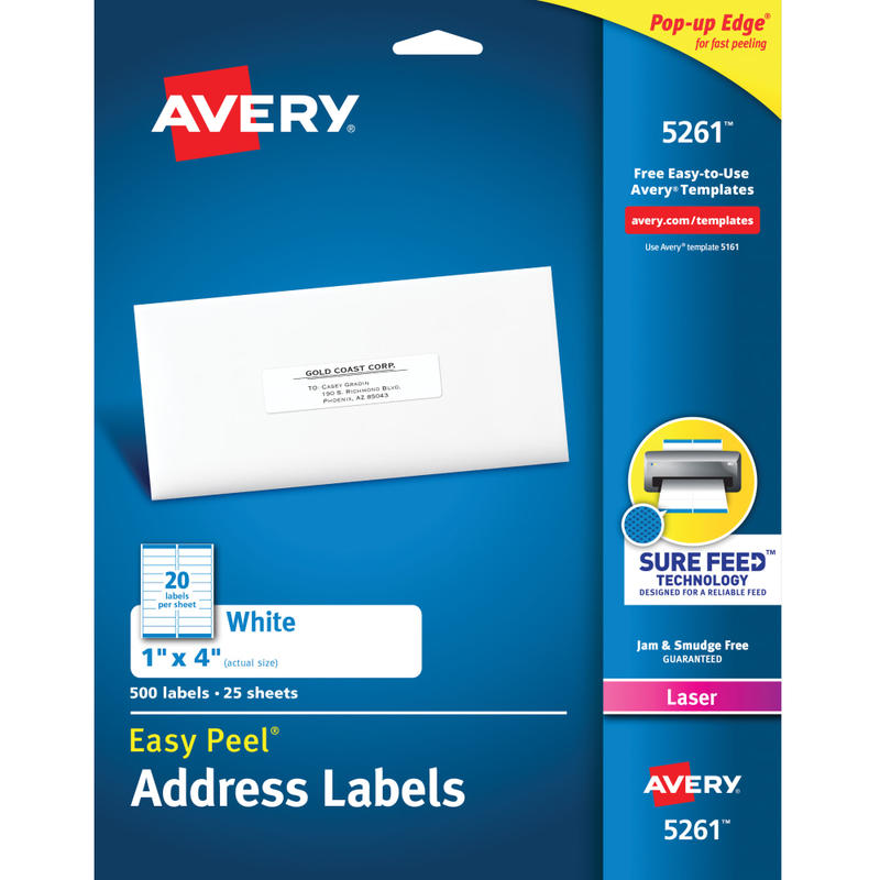 Avery Easy Peel Address Labels With Sure Feed Technology, 5261, Rectangle, 1in x 4in, White, Pack Of 500 (Min Order Qty 6) MPN:5261