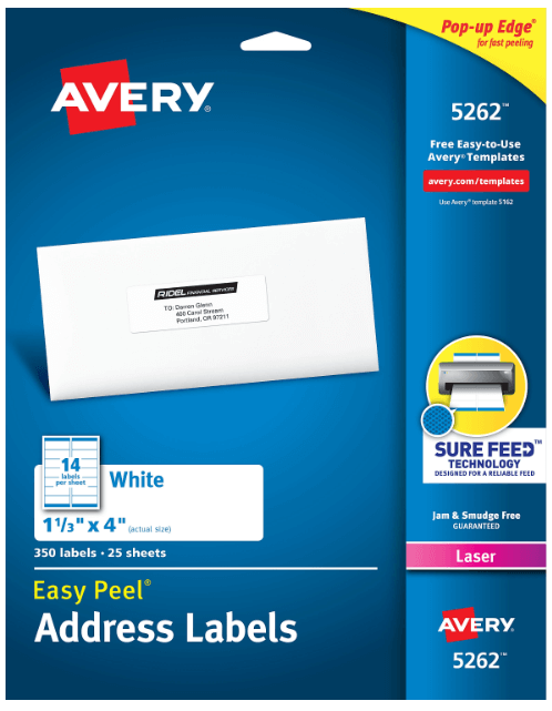 Avery Easy Peel Address Labels With Sure Feed Technology, 5262, Rectangle, 1-1/3in x 4in, White, Pack Of 350 (Min Order Qty 6) MPN:5262