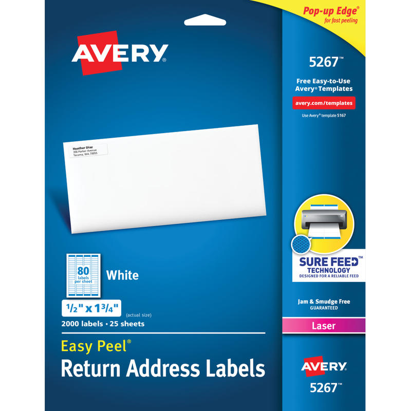 Avery Easy Peel Return Address Labels With Sure Feed Technology, 5267, Rectangle, 1/2in x 1-3/4in, White, Pack Of 2,000 (Min Order Qty 6) MPN:5267