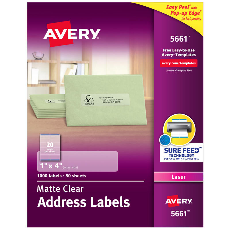 Avery Easy Peel Permanent Laser Address Labels, 5661, 1in x 4in, Clear, Pack Of 1,000 (Min Order Qty 2) MPN:5661