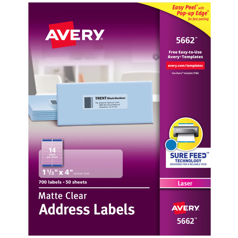 Avery Matte Address Labels With Sure Feed Technology, 5662, Rectangle, 1-1/3in x 4in, Clear, Pack Of 700 Labels (Min Order Qty 2) MPN:5662