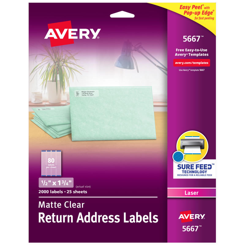 Avery Matte Return Address Labels With Sure Feed Technology, 5667, Rectangle, 1/2in x 1-3/4in, Clear, Pack Of 2,000 (Min Order Qty 2) MPN:5667