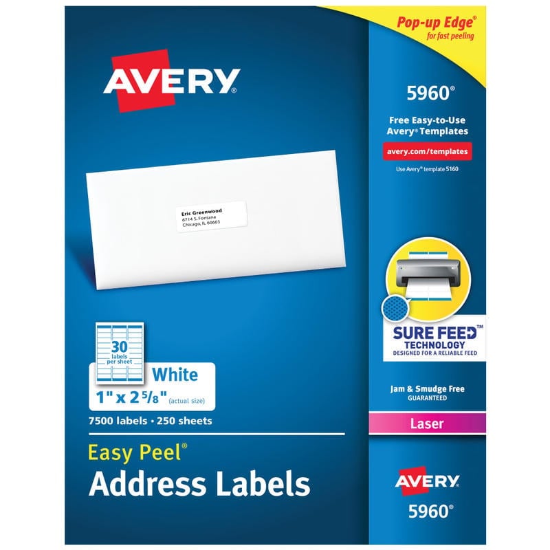 Avery Easy Peel White Laser Address Labels, 5960, 1in x 2 5/8in, Box Of 7,500 MPN:5960