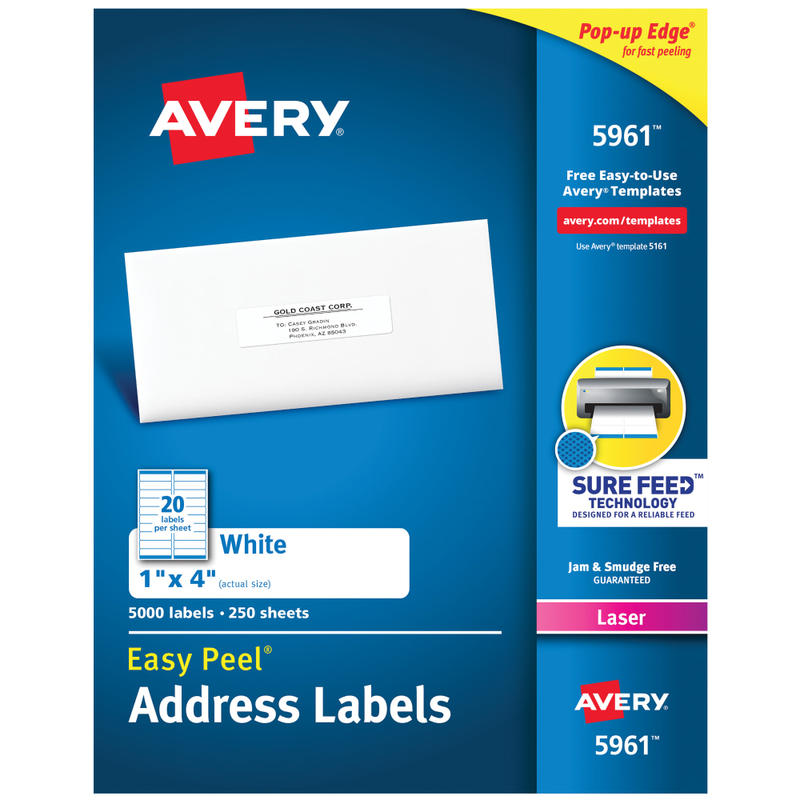 Avery Easy Peel Address Labels With Sure Feed Technology, 5961, Rectangle, 1in x 4in, White, Pack Of 5,000 MPN:5961