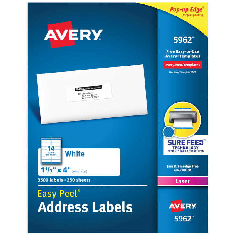 Avery Easy Peel Address Labels With Sure Feed Technology, 5962, Rectangle, 1-1/3in x 4in, White, Pack Of 3,500 MPN:5962