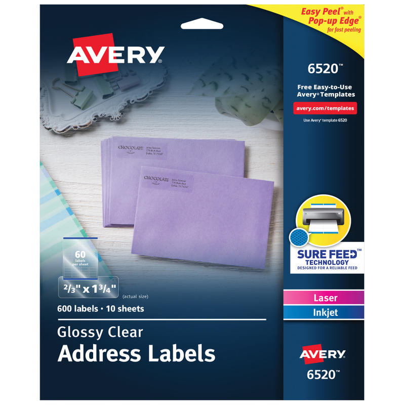 Avery Glossy Address Labels With Sure Feed Technology, 6520, Rectangle, 2/3in x 1-3/4in, Clear, Pack Of 600 (Min Order Qty 4) MPN:6520