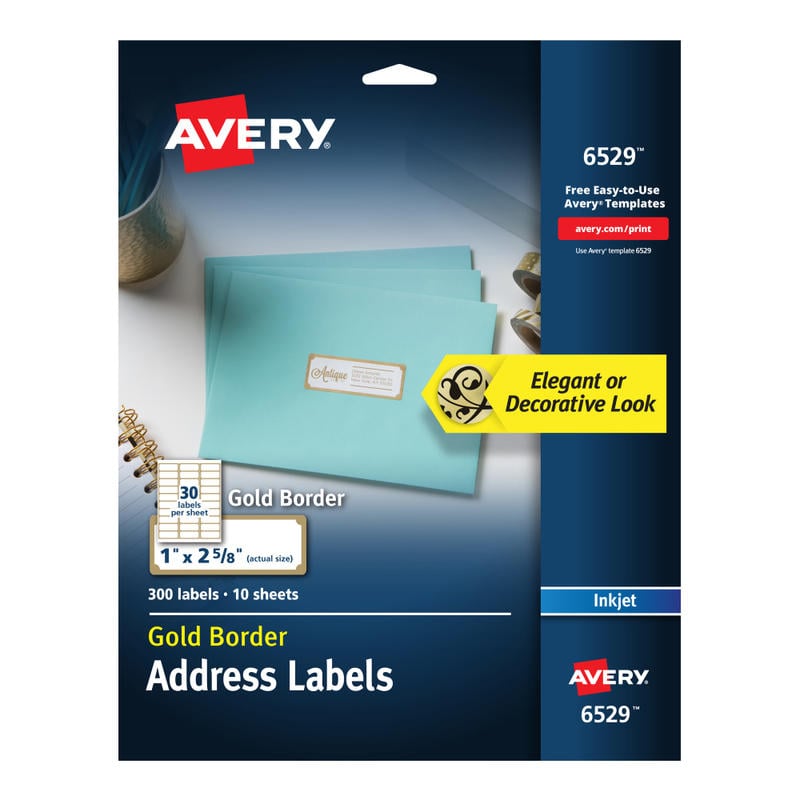 Avery Easy Peel Address Labels With Border, 1in x 2 5/8in, White/Gold, Pack Of 300 Labels (Min Order Qty 4) MPN:6529