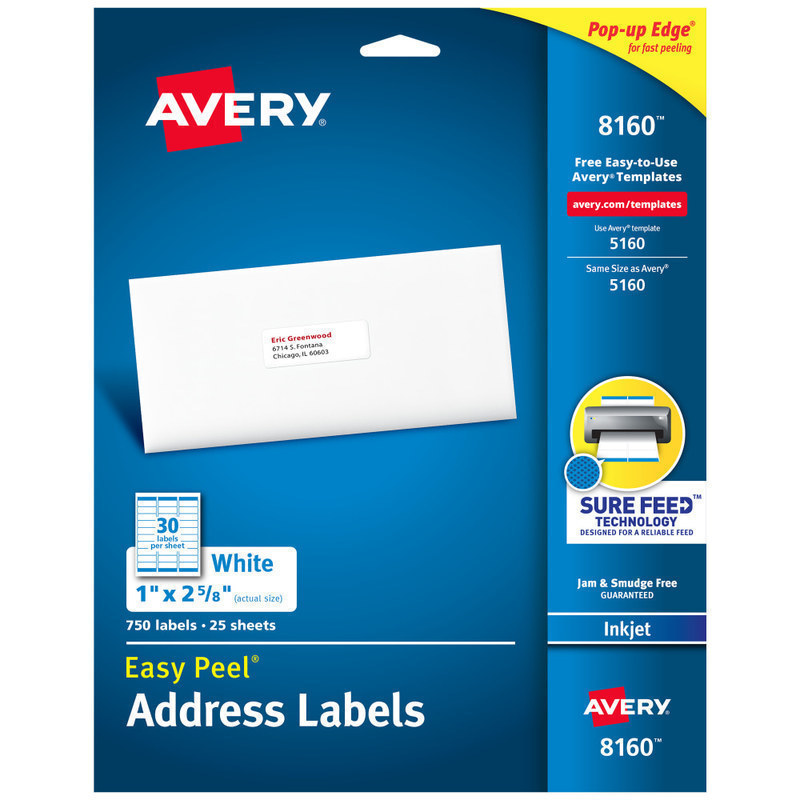 Avery Easy Peel Address Labels With Sure Feed Technology, 8160, 1in x 2 5/8in, White, Box Of 750 (Min Order Qty 6) MPN:8160