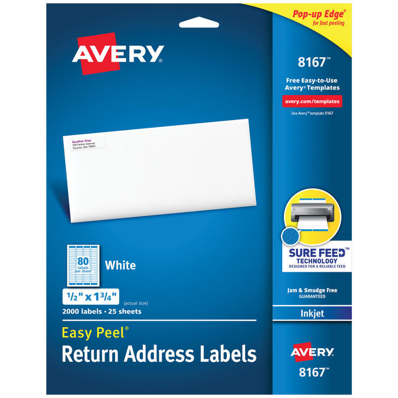 Avery Easy Peel Return Address Labels With Sure Feed Technology, 8167, Rectangle, 1/2in x 1-3/4in, White, Pack Of 2,000 (Min Order Qty 6) MPN:8167