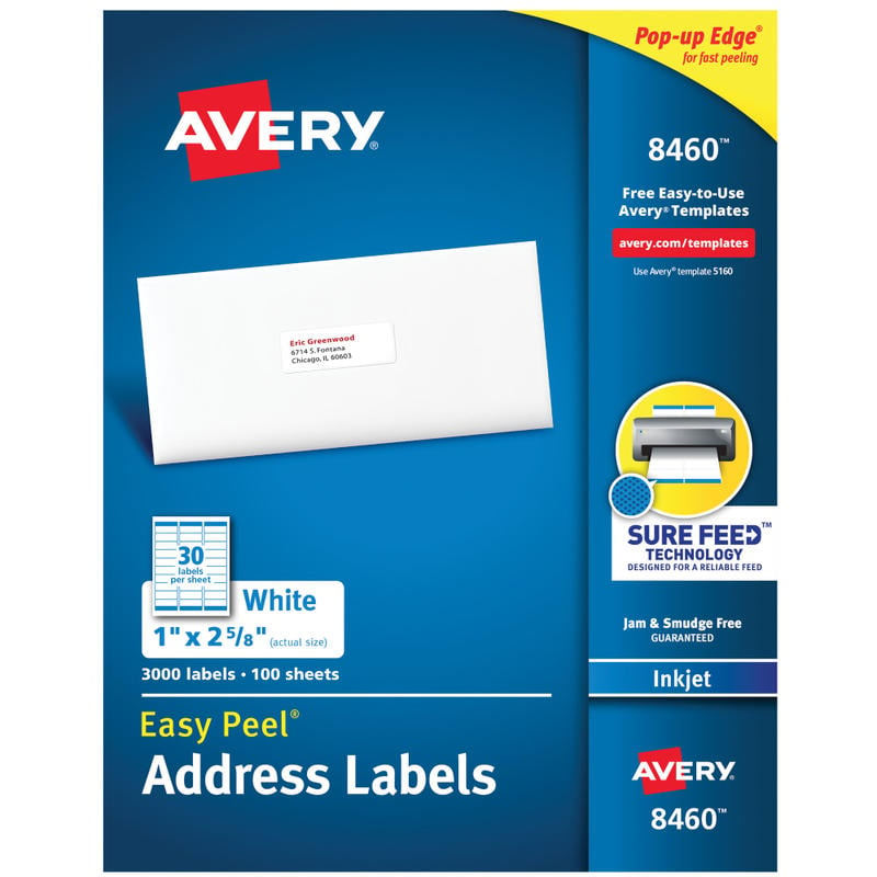 Avery Easy Peel White Inkjet Address Labels, 8460, 1in x 2 5/8in, Box Of 3,000 (Min Order Qty 2) MPN:8460