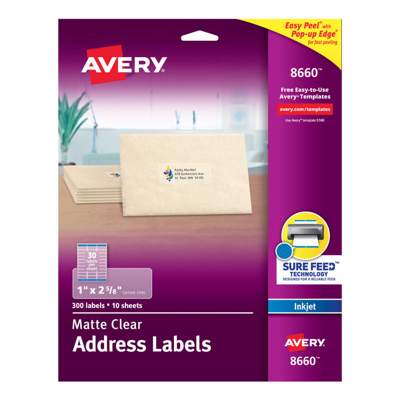 Avery Matte Address Labels With Sure Feed Technology, 8660, Rectangle, 1in x 2-5/8in, Clear, Pack Of 750 (Min Order Qty 3) MPN:8660