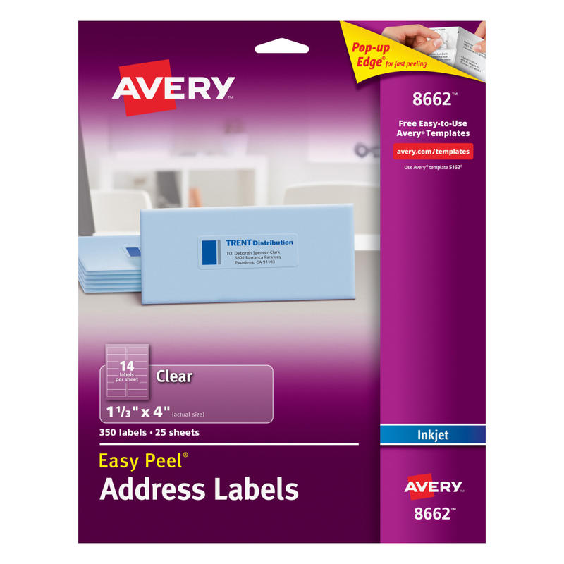 Avery Matte Address Labels With Sure Feed Technology, 8662, Rectangle, 1-1/3in x 4in, Clear, Pack Of 350 (Min Order Qty 2) MPN:8662