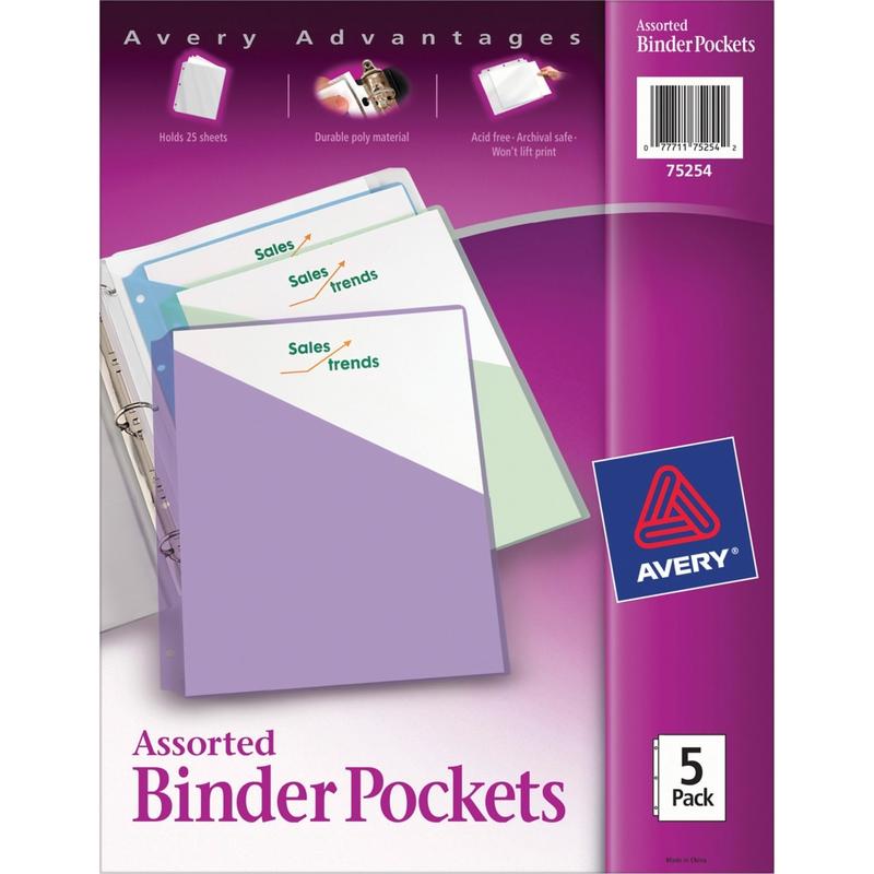 Avery Binder Pockets For 3 Ring Binders, Assorted (Blue, Clear, Green, Pink, Yellow), Pack Of 5 Binder Pockets (Min Order Qty 31) MPN:75254