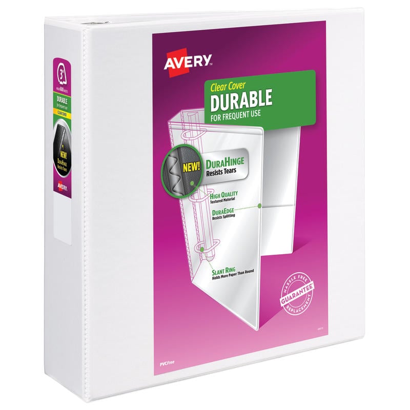 Avery Durable View 3 Ring Binder, 3in Slant Rings, White, 1 Binder (Min Order Qty 10) MPN:17042