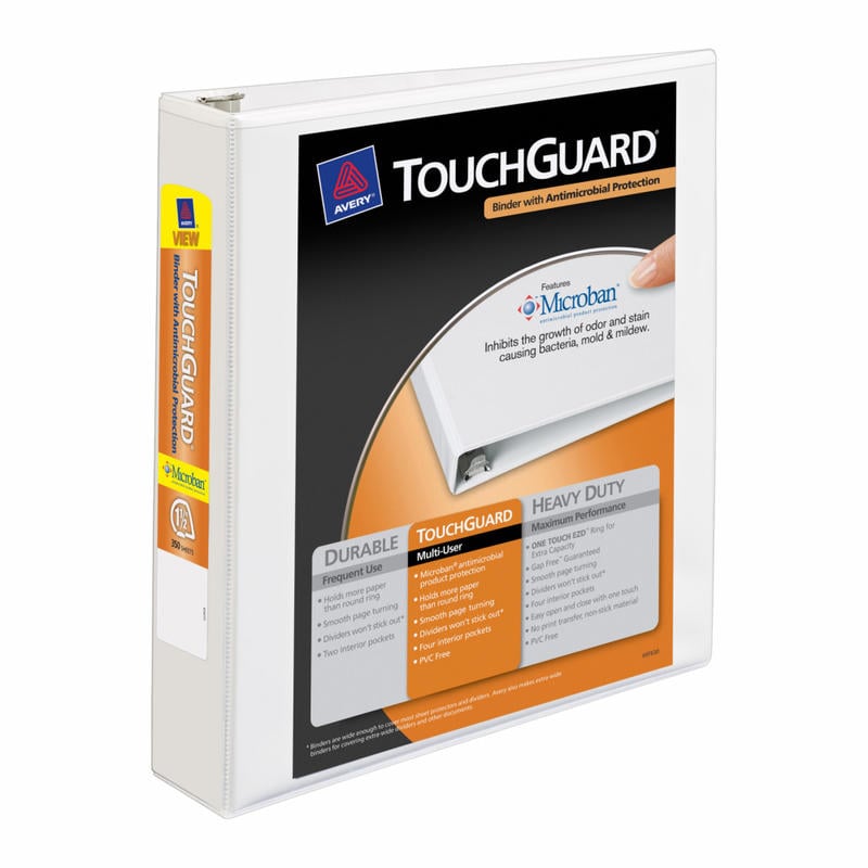 Avery Touchguard View 3-Ring Binder With EZ-Turn Rings And Antimicrobial Protection, 1 1/2in D-Rings, 40% Recycled, White (Min Order Qty 5) MPN:17142