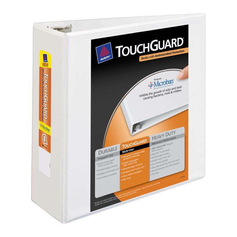 Avery Touchguard View 3-Ring Binder With EZ-Turn Rings And Antimicrobial Protection, 4in D-Rings, 40% Recycled, White (Min Order Qty 2) MPN:17145