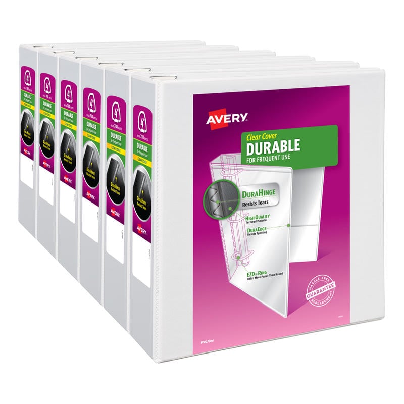 Avery Durable View 3 Ring Binder, 4in EZD Rings, White, 6 Binders MPN:9801