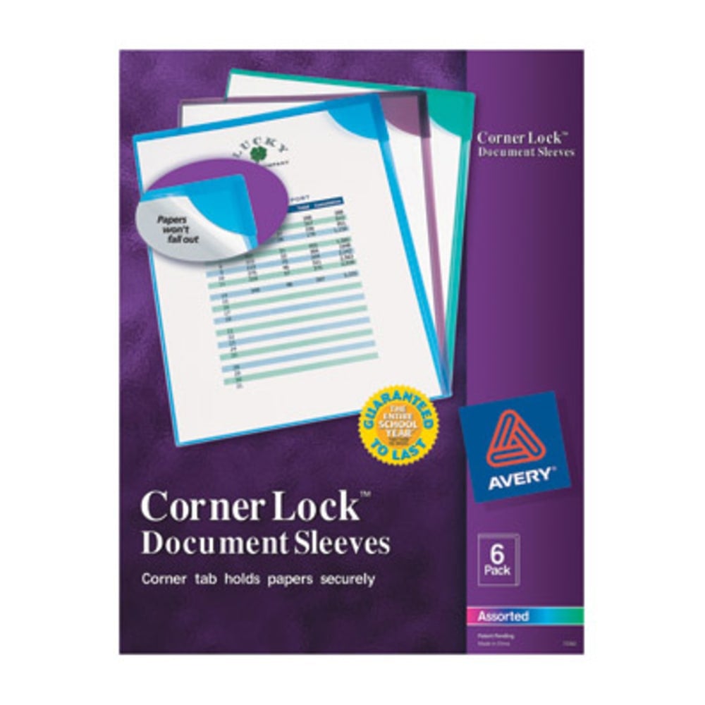 Avery Corner Lock Document Sleeves, 8-1/2in x 11in, 20 Sheet Capacity, Assorted (Blue, Green, Purple), Pack Of 6 (Min Order Qty 9) MPN:72262