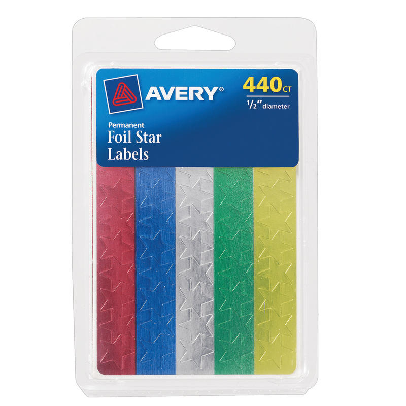 Avery Foil Stars, 1/2in, Assorted, Pack of 440 (Min Order Qty 33) MPN:6007