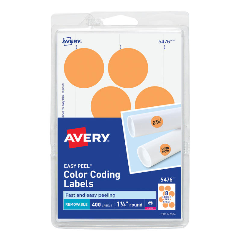 Avery Removable Color-Coding Labels, Removable Adhesive, 5476, Round, 1-1/4in Diameter, Neon Orange, Pack Of 400 Labels (Min Order Qty 9) MPN:5476