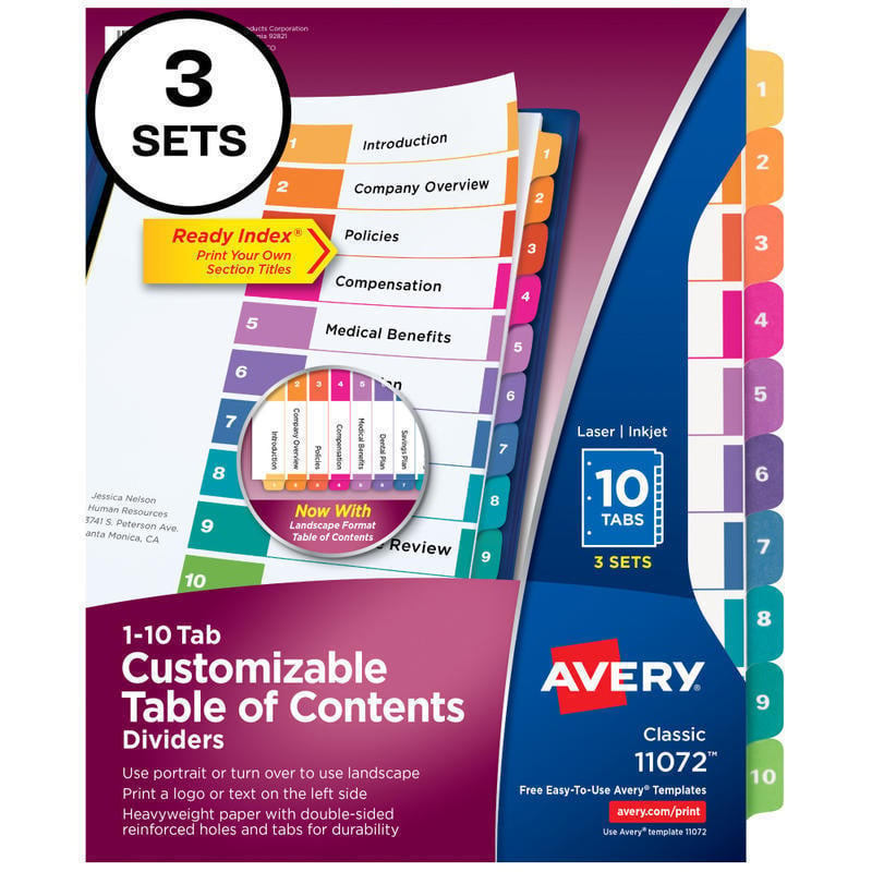 Avery Ready Index 1-10 Tab Binder Dividers With Customizable Table Of Contents, 8-1/2in x 11in, 10 Tab, White/Multicolor, Pack Of 3 Sets (Min Order Qty 9) MPN:11072