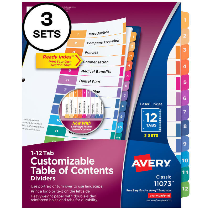 Avery Ready Index 1-12 Tab Binder Dividers With Customizable Table Of Contents, 8-1/2in x 11in, 12 Tab, White/Multicolor, Pack Of 3 Sets (Min Order Qty 8) MPN:11073