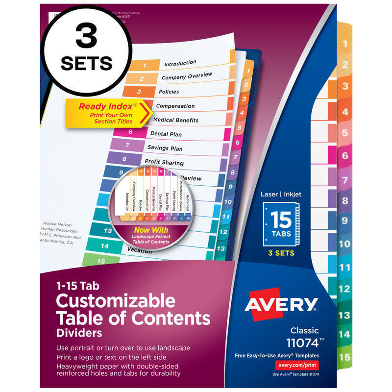 Avery Ready Index 1-15 Tab Binder Dividers With Customizable Table Of Contents, 8-1/2in x 11in, 15 Tab, White/Multicolor, Pack Of 3 Sets (Min Order Qty 6) MPN:11074