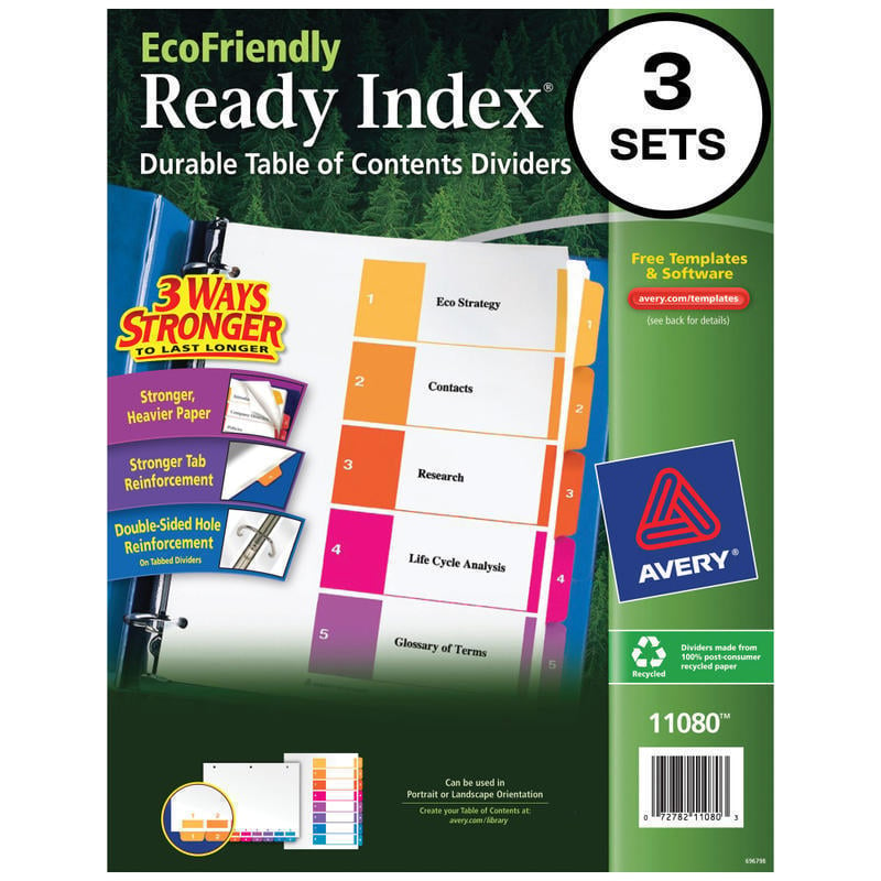 Avery Ready Index 100% Recycled Dividers, 1-5 Tabs & Customizable Table Of Contents, Letter Size, White Dividers/Multicolor Tabs, Pack Of 3 Sets (Min Order Qty 13) MPN:11080