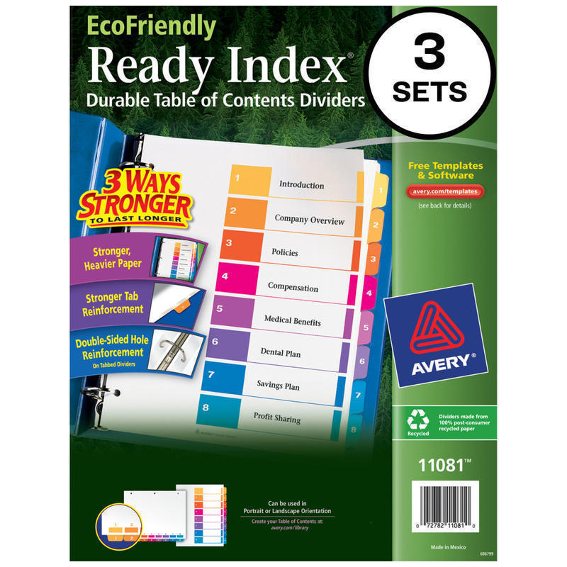 Avery Ready Index Eco-Friendly 100% Recycled Dividers, 1-8 Tabs & Customizable Table Of Contents, Letter Size, White Dividers/Multicolor Tabs, Pack Of 3 Sets (Min Order Qty 7) MPN:11081