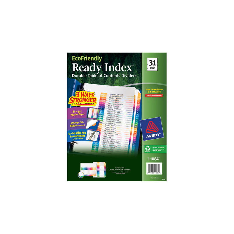 Avery EcoFriendly Ready Index Table Of Contents Dividers, 8 1/2in x 11in, 31-Tab, Multicolor Dividers/Multicolor Tabs (Min Order Qty 6) MPN:11084