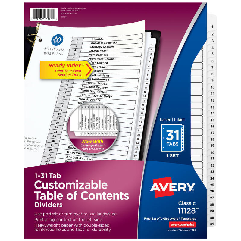 Avery Ready Index 1-31 Tab With Customizable Table Of Contents Dividers, Letter Size, 31 Tab, White, 1 Set (Min Order Qty 12) MPN:11128