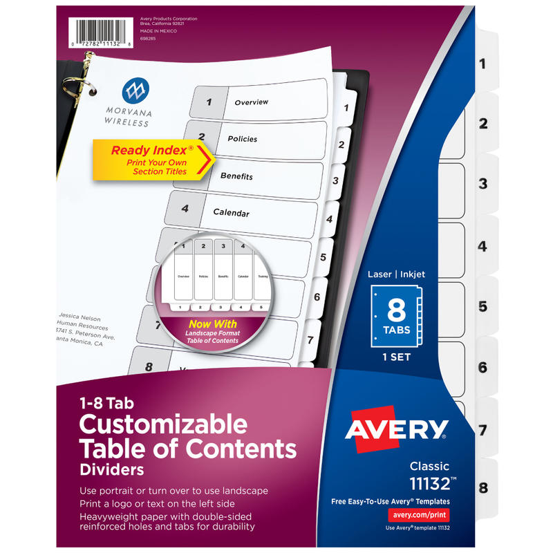 Avery Ready Index 1-8 Tab With Customizable Table Of Contents Dividers, Letter Size, 8 Tab, White, 1 Set (Min Order Qty 19) MPN:11132