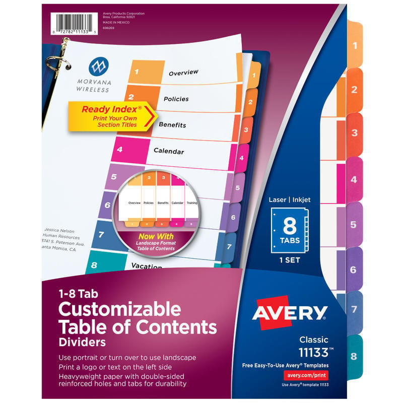 Avery Ready Index 1-8 Tab Binder Dividers With Customizable Table Of Contents, 8-1/2in x 11in, 8 Tab, White/Multicolor, 1 Set (Min Order Qty 19) MPN:11133