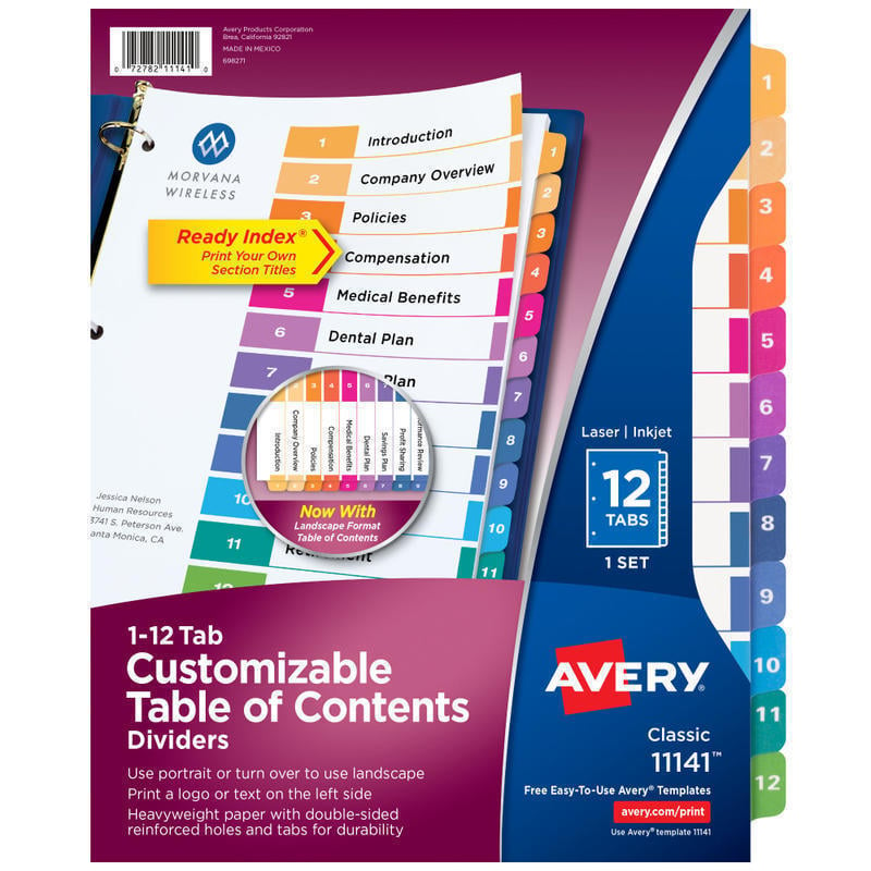 Avery Ready Index 1-12 Tab With Customizable Table Of Contents Binder Dividers, 8-1/2in x 11in, 12 Tab, Multicolor, 1 Set (Min Order Qty 21) MPN:11141