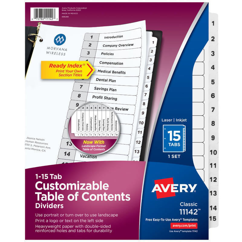 Avery Ready Index 1-15 Tab With Customizable Table Of Contents Dividers, Letter Size, 15 Tab, White, 1 Set (Min Order Qty 12) MPN:11142