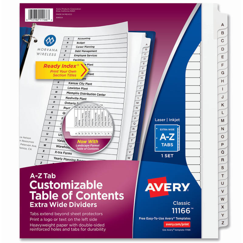 Avery Extra-Wide A-Z Tab With Customizable Table of Contents Dividers For 3 Ring Binders, 9-1/4in x 11in, 26 Tab, White, 1 Set (Min Order Qty 8) MPN:11166