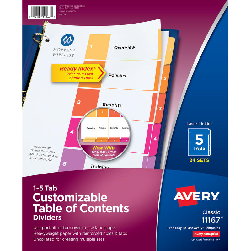 Avery Ready Index 1-5 Tab Binder Dividers With Customizable Table of Contents, 8-1/2in x 11in, 5 Tab, White/Multicolor, Box Of 24 Sets (Min Order Qty 2) MPN:11167