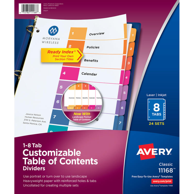 Avery Ready Index 1-8 Tab Binder Dividers With Customizable Table Of Contents, 8-1/2in x 11in, 8 Tab, White/Multicolor, Box Of 24 Sets (Min Order Qty 2) MPN:11168