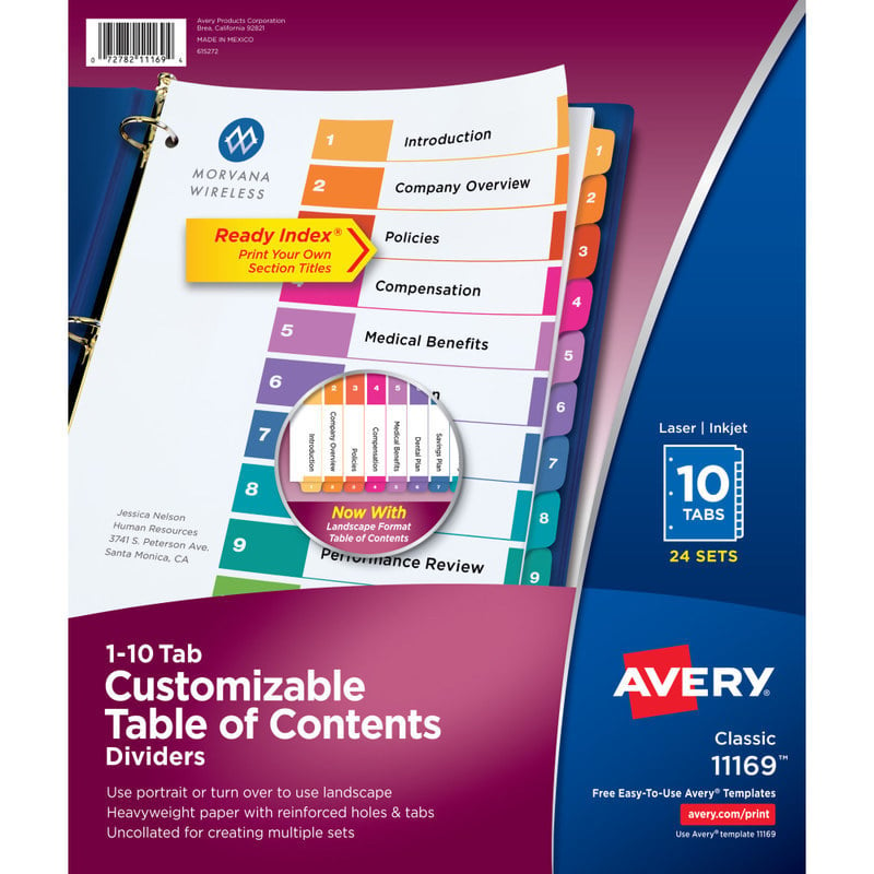 Avery Ready Index 1-10 Tab Binder Dividers With Customizable Table Of Contents, 8-1/2in x 11in, 10 Tab, White/Multicolor, Box Of 24 Sets MPN:11169