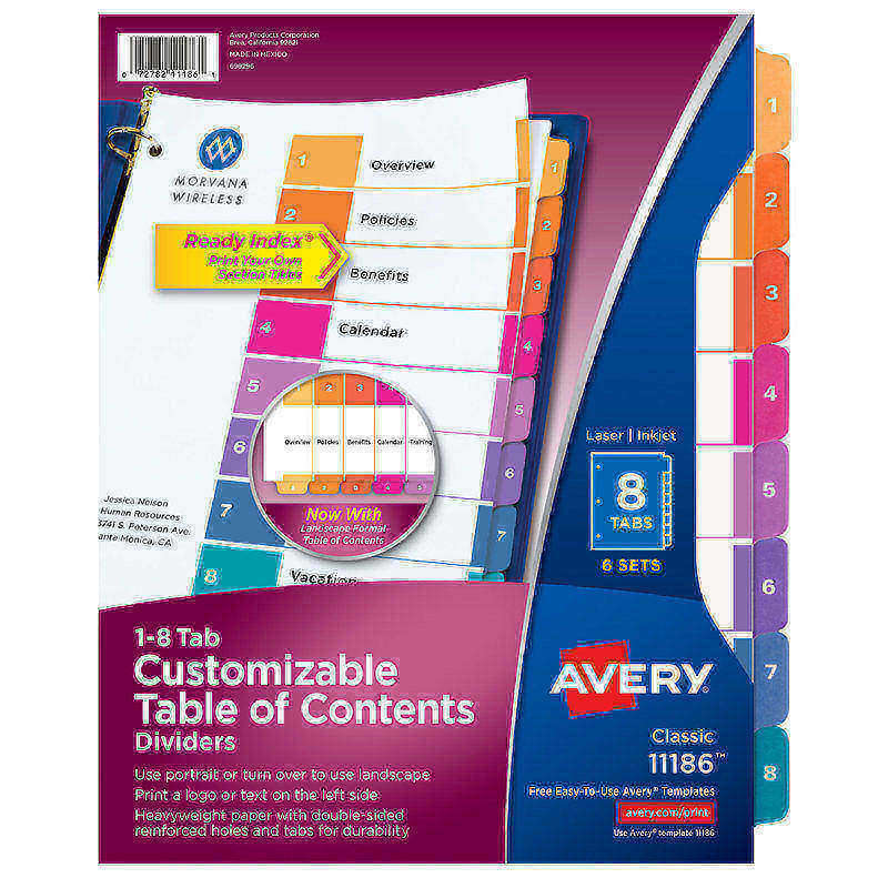 Avery Ready Index 1-8 Tab Binder Dividers With Customizable Table Of Contents, 8-1/2in x 11in, 8 Tab, White/Multicolor, Pack Of 6 Sets (Min Order Qty 6) MPN:11186