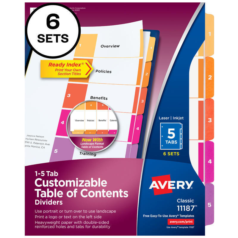 Avery Ready Index 1-5 Tab Binder Dividers With Customizable Table Of Contents, 8-1/2in x 11in, 5 Tab, White/Multicolor, Pack Of 6 Sets (Min Order Qty 10) MPN:11187