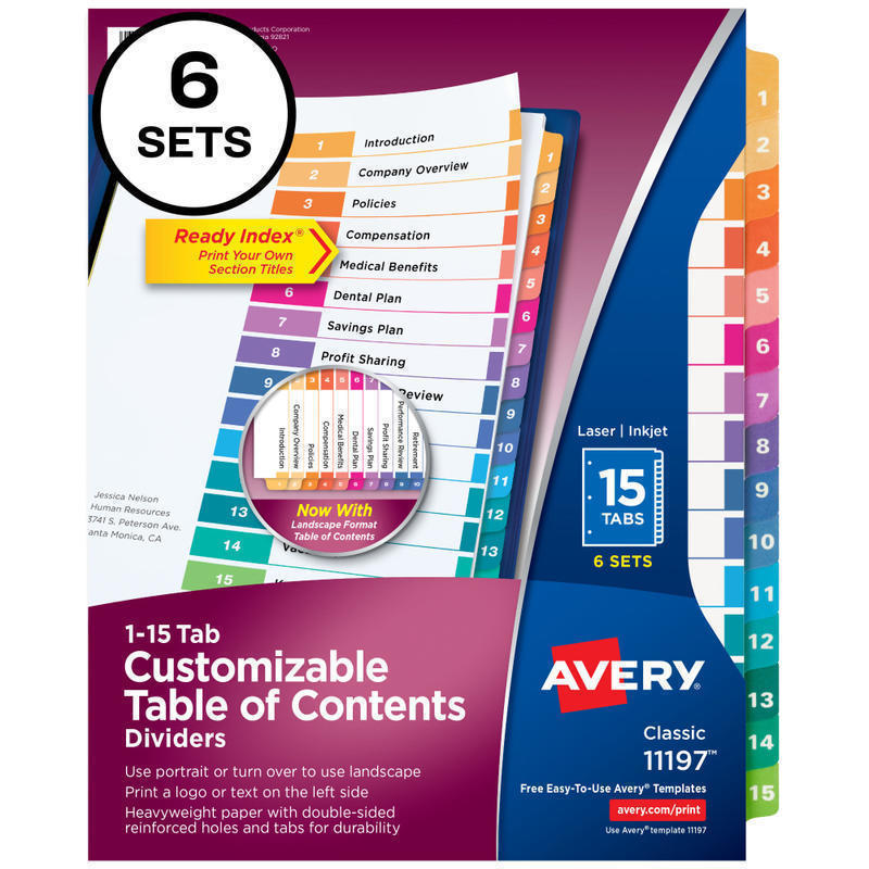 Avery Ready Index 1-15 Tab Binder Dividers With Customizable Table Of Contents, 8-1/2in x 11in, 15 Tab, White/Multicolor, Pack Of 6 Sets (Min Order Qty 3) MPN:11197